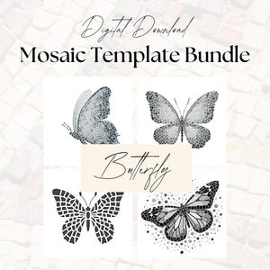 May include: A digital download bundle of four black and white butterfly mosaic templates. The templates are ideal for creating unique and personalised mosaic art projects.