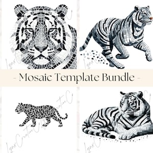 May include: A set of three mosaic tiger templates. The tigers are in black and white and are in different poses. The templates are perfect for creating your own mosaic art.
