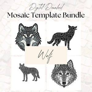 May include: A digital download bundle of four mosaic templates featuring wolf designs. The templates are black and white and feature different wolf poses.