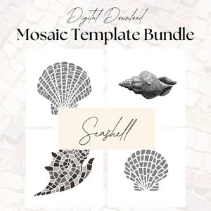 May include: A digital download bundle of four mosaic seashell templates. The templates feature different seashell shapes, including a scallop, a conch, and a spiral shell.
