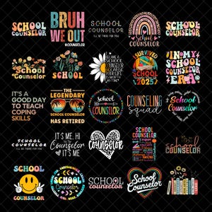 Puede incluir: Una colección de diseños gráficos coloridos con texto relacionado con los consejeros escolares. Los diseños incluyen frases como "School Counselor", "Bruh We Out" y "Counseling Squad", junto con varias ilustraciones y una carita sonriente.