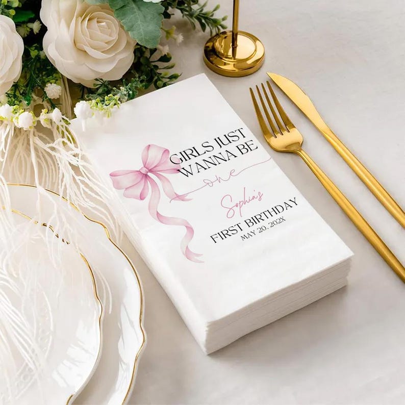Girls Just Wanna Be One Napkins, First Birthday Napkins Girl,Personalized 1st Birthday Decor, Custom Cocktail Napkins image 4