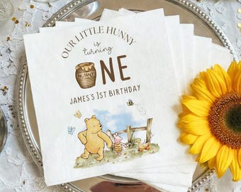 Our Little Hunny is Turning ONE Napkins, Personalized 1st Birthday Napkins, Funny Winnie First Birthday Napkins, Milestone Birthday Napkins