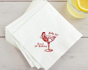 Custom Dirty 30! Girl in Martini Glass Napkins, Personalized Dirty Thirty Birthday Napkins, Custom 30th Party Cocktail Paper Napkins