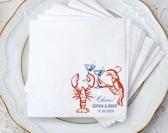 Personalized Lobster Napkins, Striped Cocktail Napkins, She's a Catch Bach Party Decor, Seafood Themed, Coastal Bridal Shower, Birthday