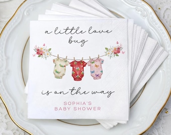 A Little Lovebug Baby Shower Paper Napkin, Personalized Insect Theme Party Napkins, Garden Baby Sprinkle Cocktail Napkins For Mom To Be
