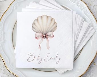Personalized Seashell Baby Shower Napkins, Coastal Beach Baby Shower Decor, Pink Bow Shell Napkins, Personalized Coquille Napkins