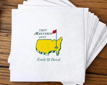 Custom Golf Theme Wedding Napkin, They Mastered Love Wedding Napkins, Personalized Masters Napkins, Wedding Party Favors