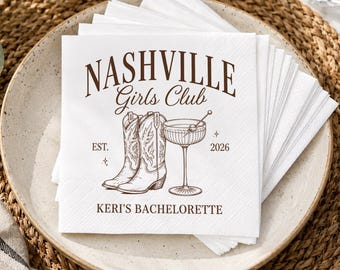 Nashville Bachelorette Napkins, Nashville Girls Club Napkins, Personalized Cowgirl Bachelorette Napkins, Custom Western Party Napkins
