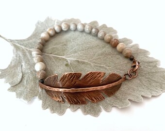 Grey beaded bracelet, copper leaf bracelet, grey agate, gray feldspar,gray gemstones, beaded bracelet