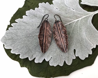 Copper leaf earrings, fold formed leaves, botanical earrings