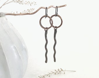 Long copper earrings, hoop earring, boho earrings, artisan earrings, statement earrings, hoop and squiggle earring