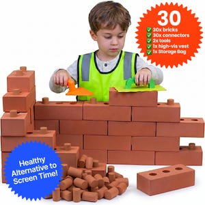 May include: A construction toy set featuring rectangular terracotta-coloured bricks with circular connectors, a bright yellow high-visibility vest, two plastic tools, and a storage bag. The set includes 30 bricks, 30 connectors, 2 tools, 1 vest, and 1 bag.