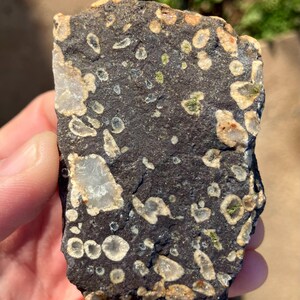 Peut inclure: Gros plan sur une roche gris foncé avec des inclusions blanches et vertes. La roche a un aspect moucheté et une forme irrégulière.