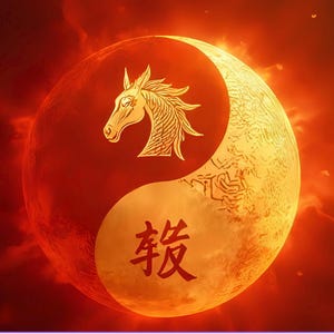 May include: A digital illustration of a Yin and Yang symbol with a horse head silhouette on the red side and a crescent moon on the yellow side. The Chinese character is in the lower right.