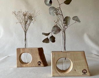 Handmade Ash Wood Vase with Glass Tube, Handcrafted Wooden Vase, Rustic Home Decor