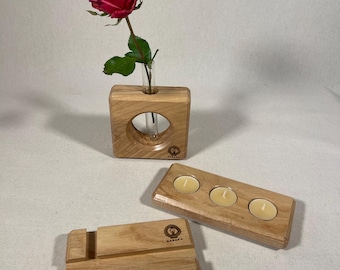 Handcrafted Ash Wood Gift Set, Phone Stand, Tealight Holder, Flower Vase