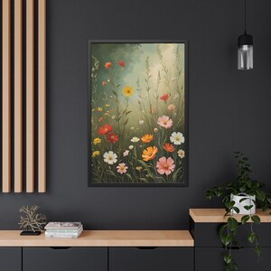 Wildflower Field Framed Wall Art, Vintage Botanical Landscape Sign, Floral Decor, Modern Farmhouse Canvas Art - Framed Posters, Botanical