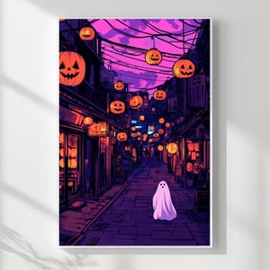 Japanese Halloween Wall Art – Pink Ghost with Pumpkin Lantern | Spooky Night Street Digital Illustration