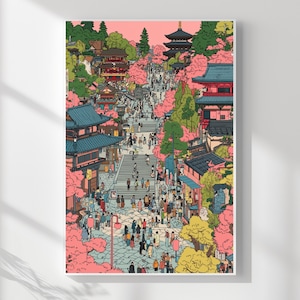 Japanese Cherry Blossom Temple Wall Art – Kyoto Sakura Printable Poster | Japan Spring Digital Download Decor, Asian Wall Decor