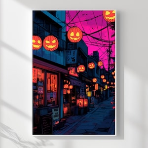 Japanese Halloween Wall Art – Pink Night Pumpkin Lantern Street | Spooky Autumn Digital Illustration