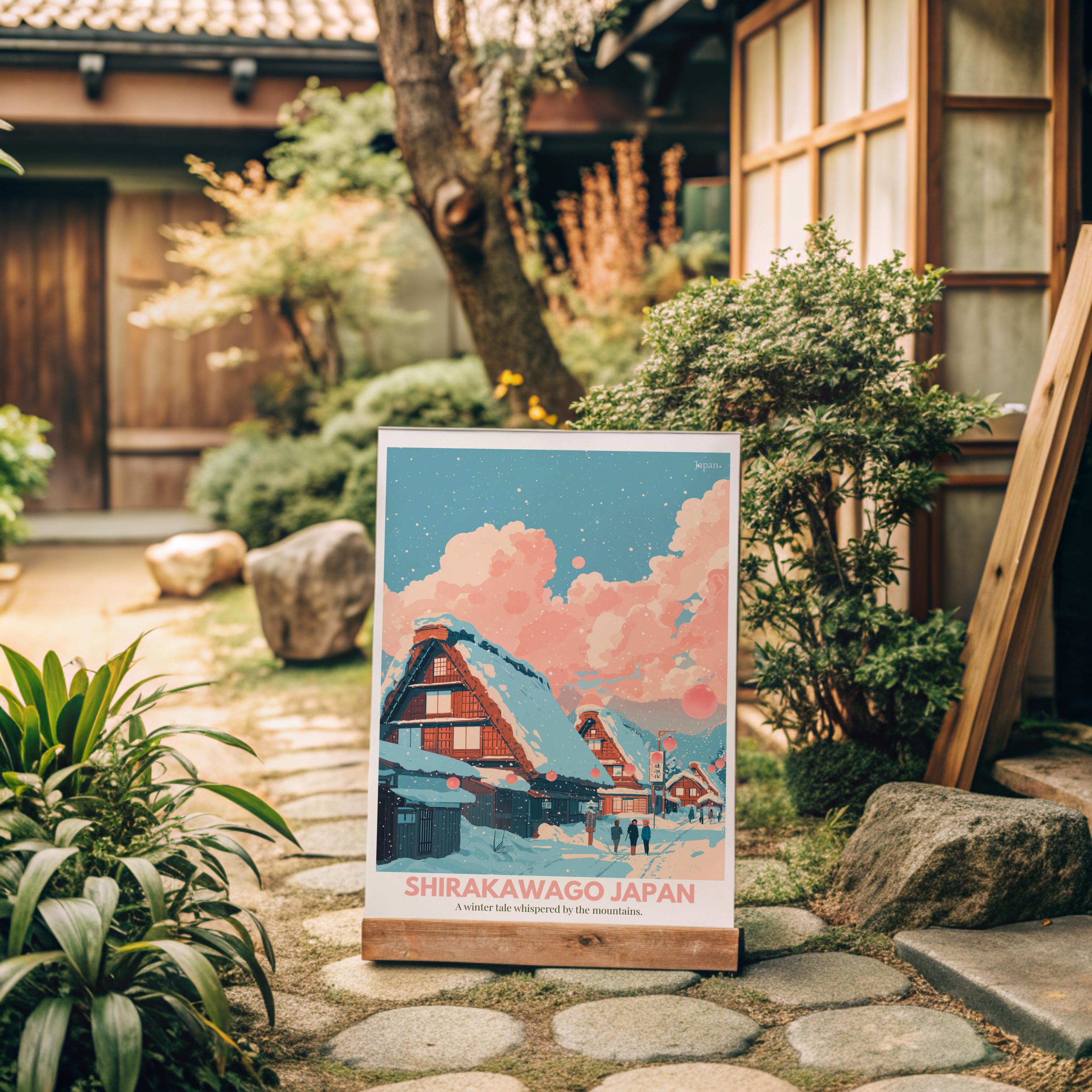 白川郷の冬の里 壁画 – 雪景色の合掌造りの山の風景 | 日本の冬の