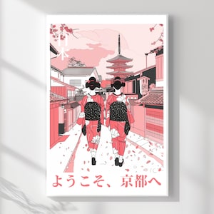 Japanese Kimono Wall Art – Kyoto Street Poster Print | Pink Sakura Blossom Geisha Maiko Illustration | Japan Travel Home Décor Gift