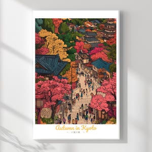 May include: A framed art print featuring a detailed illustration of a street scene in Kyoto during autumn. The artwork showcases traditional Japanese architecture, vibrant red and yellow foliage, and figures walking along the street. The text "Autumn in Kyoto" is at the bottom.