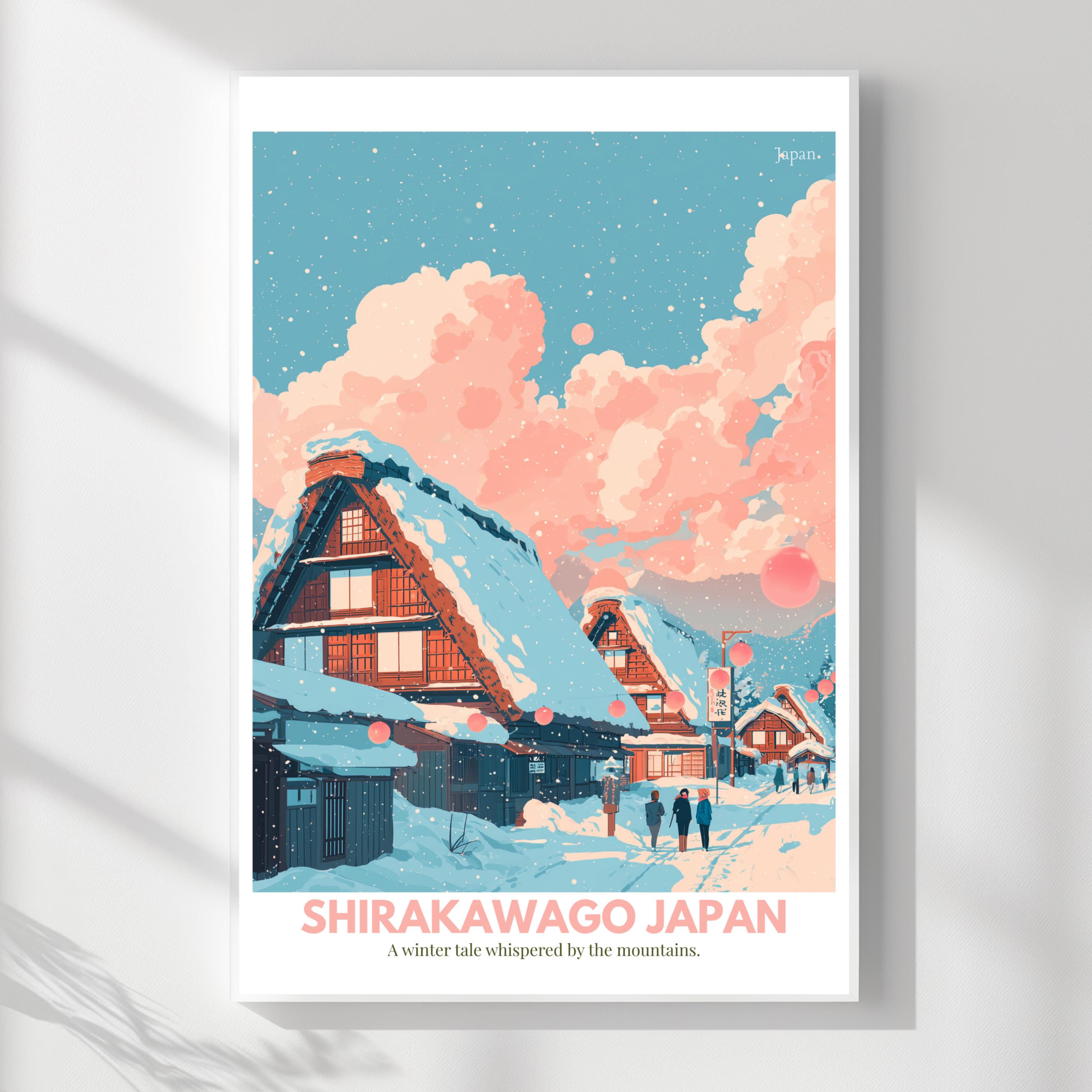 白川郷の冬の里 壁画 – 雪景色の合掌造りの山の風景 | 日本の冬の