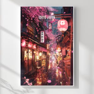 Japanese Retro Night Scene Wall Art – Tokyo Street Moonlight Illustration Digital Download