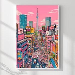 Japanese Tokyo City Wall Art – Pink Sky Skytree Street Scene Illustration Digital Download