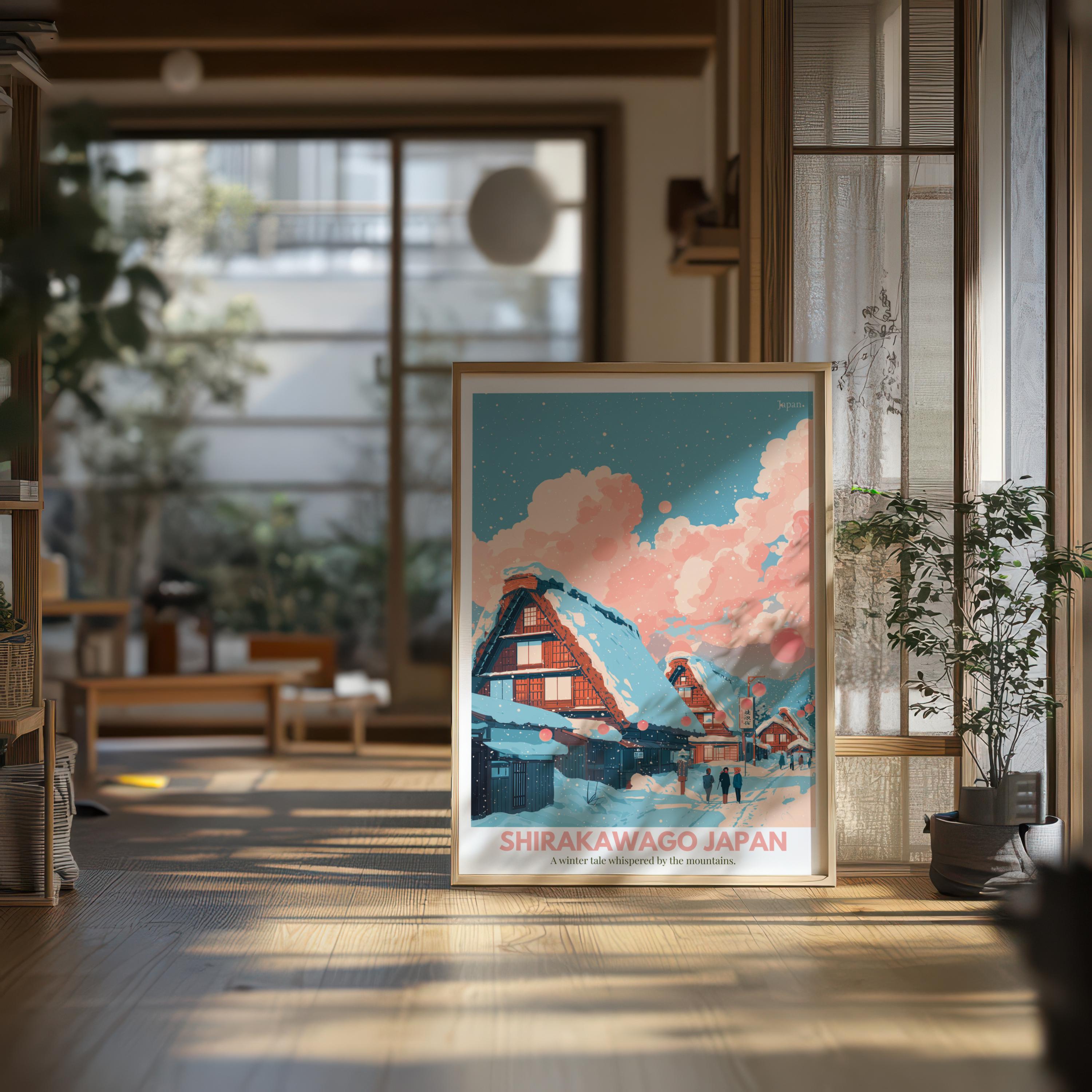 白川郷の冬の里 壁画 – 雪景色の合掌造りの山の風景 | 日本の冬の