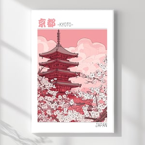 Japanese Retro Kyoto Wall Art – Five-Storied Pagoda with Cherry Blossoms | Aesthetic Japan Decor, Traditional Japanese Temple Digital Print
