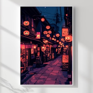 Japanese Halloween Wall Art – Pumpkin Lantern Old Town Street | Spooky Night Digital Illustration