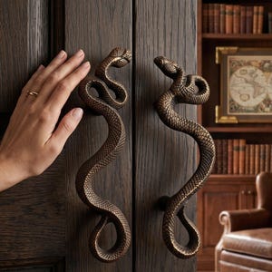 Snake Door Handles (Pair), Antique Bronze Iron Serpent Cabinet Pull, Gothic Hardware, Unique Home Decor, Drawer Pull Gift
