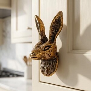 Rabbit Hare Head Cabinet Knob Antique Gold Finish, Vintage Bunny Drawer Pull, Woodland Dresser Handle Gift