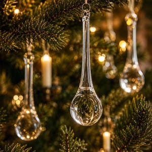 May include: Clear glass teardrop ornaments hanging from a green pine tree. Each ornament features a slender neck and a rounded base, suspended by a thin ribbon. The transparent glass reflects the warm glow of nearby lights within the branches.