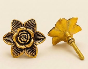 Golden Antique Flower Rose Knobs | Floral Cabinet, Dresser, Wardrobes, Cupboards Drawers, Vintage, Boho Pulls