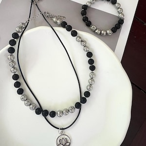 Volcanic Stone Jewelry Set | Double Layer Necklace & Bracelet | Black and Silver Jewelry | Energy Stone | Pendant Necklace Bracelet Set |