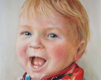 May include: A painting of a young child with blonde hair and blue eyes. The child is smiling with their mouth open and a missing tooth. The child is wearing a colorful shirt with a red bandana.