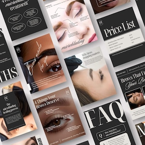 Puede incluir: Una colección de plantillas de marketing digital para servicios de microblading con fotografías en primer plano de cejas, superposiciones de texto que incluyen Price List, FAQ y Brows Made For You, con una paleta de colores negro, blanco y neutro.