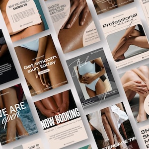 May include: A collection of promotional social media templates for a waxing service, featuring various images of smooth skin, legs, and torsos. The designs include text overlays such as Get smooth skin today, Book now, and Professional waxing.