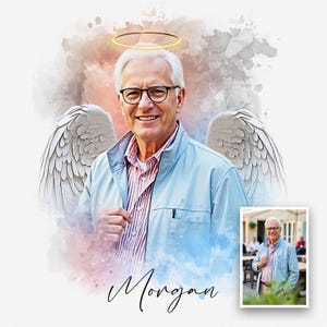 Ritratto ad acquerello con ali d'angelo e aureola, regalo commemorativo per la perdita di una persona cara, regalo personalizzato per papà e mamma