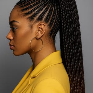 May include: A side profile of a person with a high ponytail hairstyle featuring neatly braided cornrows. The hair transitions from black to brown. The person wears gold hoop earrings and a yellow blazer against a gray background.