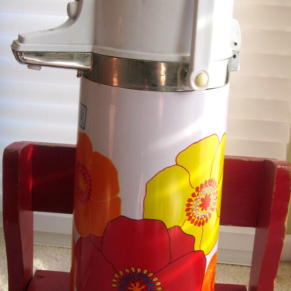 RETRO Vintage Thermos Pump Insulated Drink Coffee Dispenser Airpot Orange Red Yellow Poppies