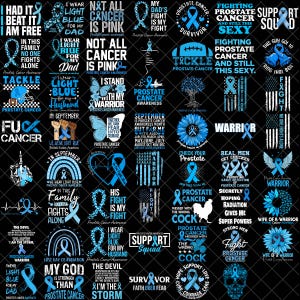 Puede incluir: Una colección de diseños con cintas azules y texto, que promueven la concienciación sobre el cáncer de próstata. Los gráficos incluyen lemas como "Fight Prostate Cancer", "Support Squad" y "Real Men Get Checked". El tema es el apoyo y la concienciación.