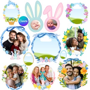 May include: A selection of Easter-themed photo frames and templates. Designs include bunny ears, floral wreaths, and egg decorations. Some frames feature family photos, while others are blank, ready for customisation. The word "Canva" is visible.