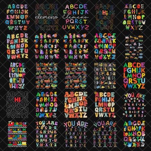 Puede incluir: Una colección de diseños de alfabeto coloridos, cada uno con las letras A a la Z en varios estilos y fuentes. Algunos diseños incluyen palabras adicionales como "elemento" y "you are". Las letras son multicolores.