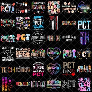 Puede incluir: Una colección de diseños gráficos coloridos con texto relacionado con el cuidado del paciente, la diálisis y la asistencia médica. Los diseños incluyen estetoscopios, corazones y el texto "PCT", "Patient Care Technician" y "Nurse".