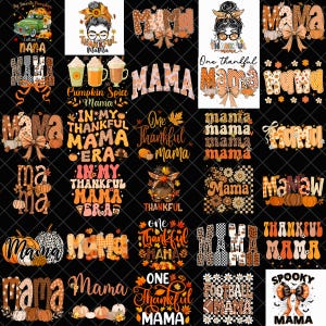 Puede incluir: Una colección de diseños con temática otoñal con la palabra "Mama" en varios estilos. Los diseños incorporan calabazas, lazos y hojas de otoño en tonos naranja, marrón y negro. Algunos diseños incluyen las frases "Thankful Mama" y "Spooky Mama".
